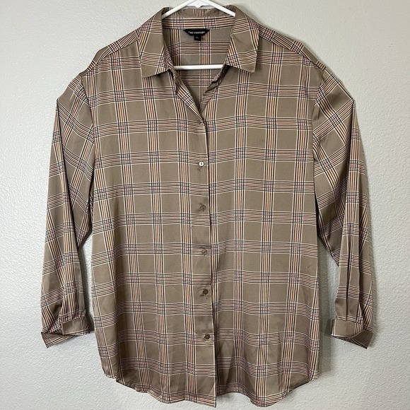 The Limited Polyester Long Sleeve Button Up Women's Plaid Tan Blouse Size L - Picture 1 of 10
